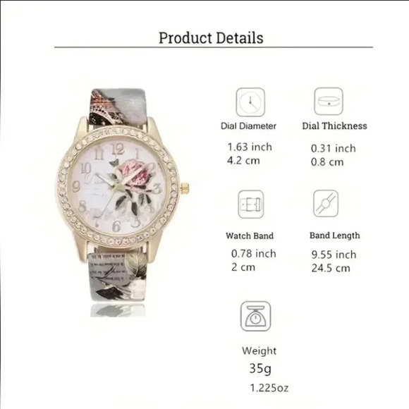 Rose Pattern Fashion Pointer Wrist Quartz WatchWith Leather Strap Ladies..NWT - Picture 3 of 3